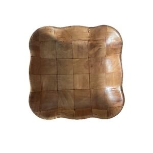 Vintage‎ Woven Wood Square Scalloped Serving Bowl Brown Rustic Boho 10 inch